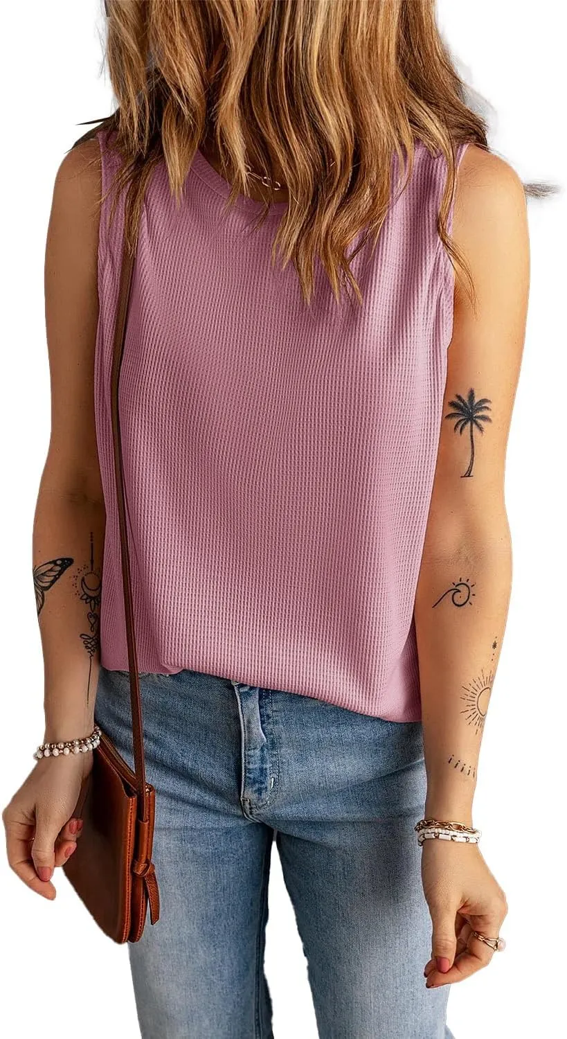 KINLONSAIR Women's Loose Fit Sleeveless Waffle Tank Tops Casual Crew Neck Knitted Tees