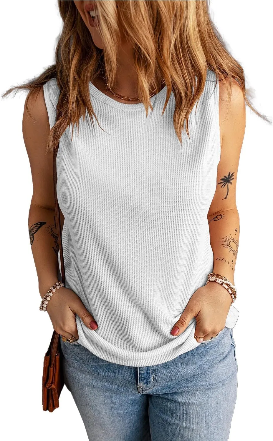 KINLONSAIR Women's Loose Fit Sleeveless Waffle Tank Tops Casual Crew Neck Knitted Tees