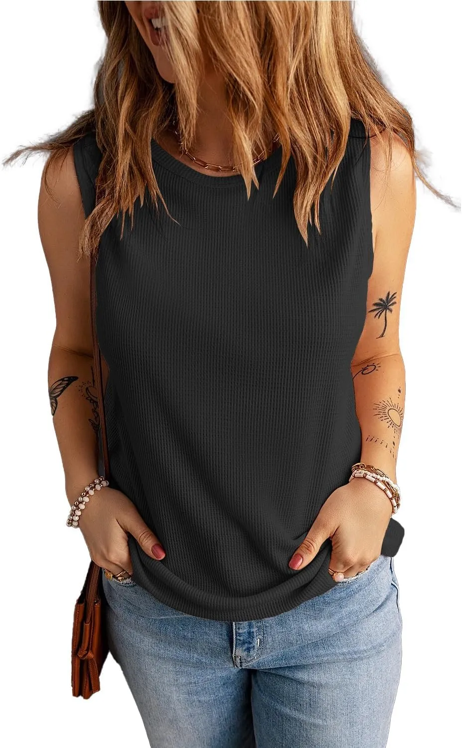 KINLONSAIR Women's Loose Fit Sleeveless Waffle Tank Tops Casual Crew Neck Knitted Tees