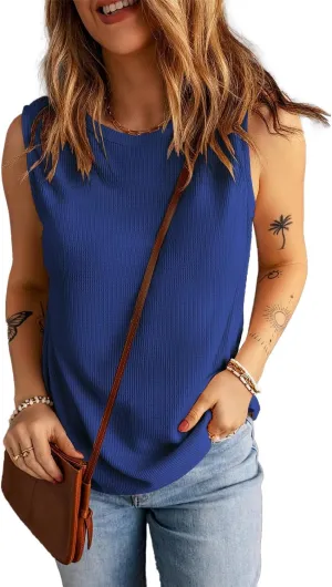 KINLONSAIR Women's Loose Fit Sleeveless Waffle Tank Tops Casual Crew Neck Knitted Tees