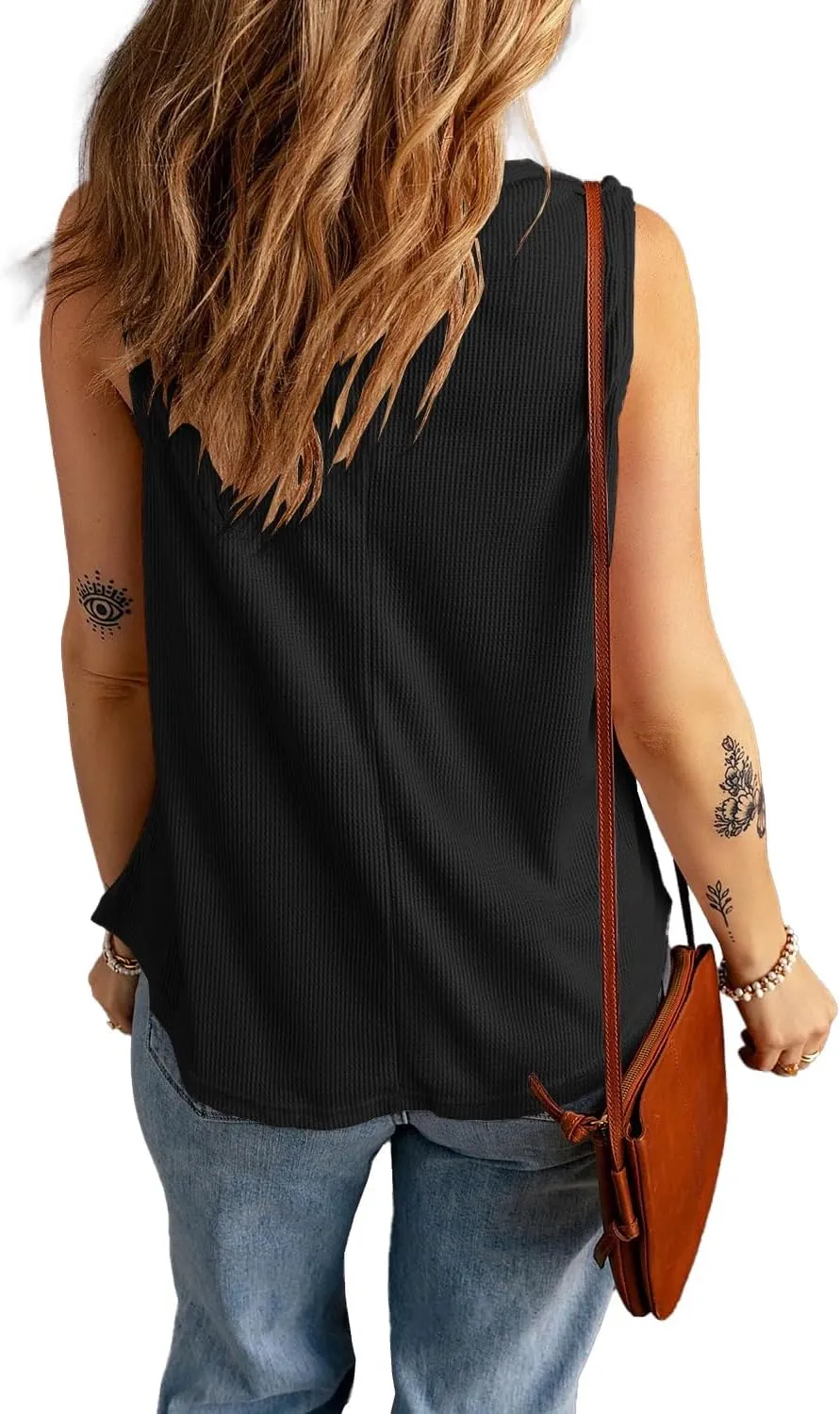 KINLONSAIR Women's Loose Fit Sleeveless Waffle Tank Tops Casual Crew Neck Knitted Tees