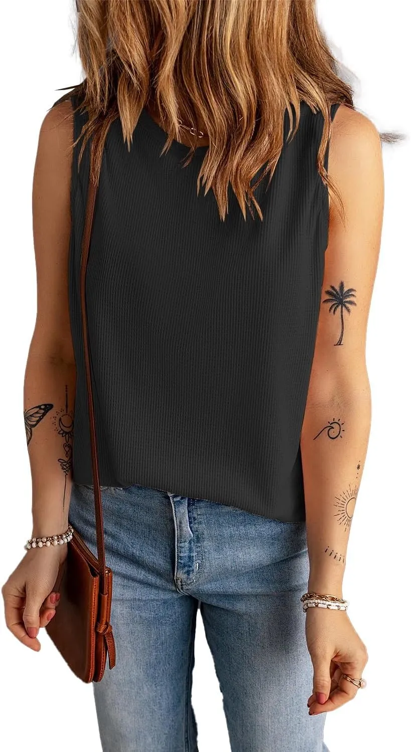 KINLONSAIR Women's Loose Fit Sleeveless Waffle Tank Tops Casual Crew Neck Knitted Tees