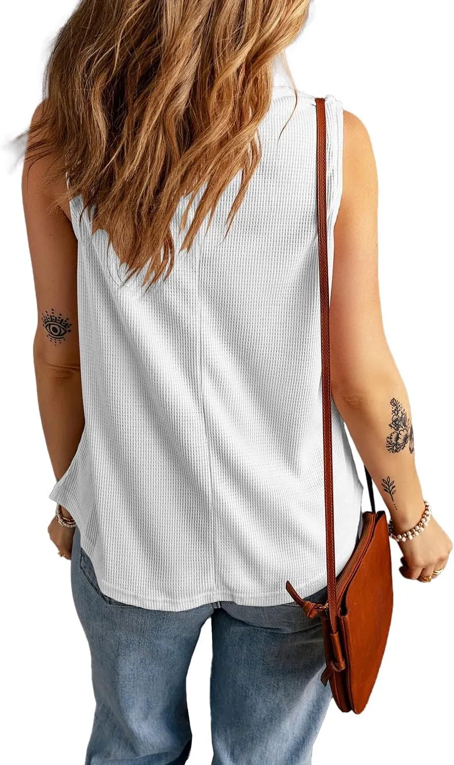 KINLONSAIR Women's Loose Fit Sleeveless Waffle Tank Tops Casual Crew Neck Knitted Tees