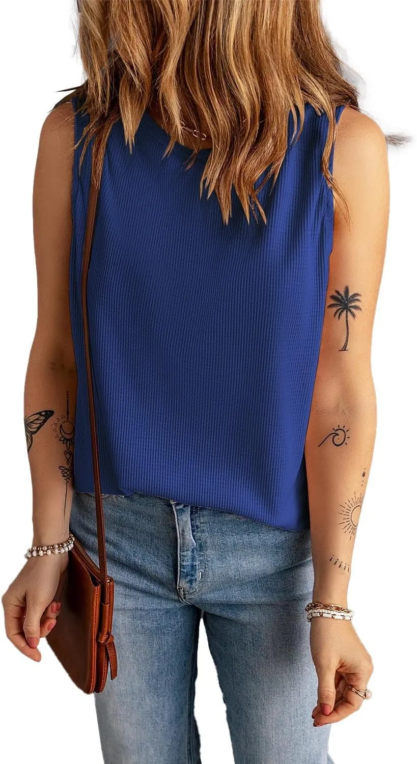 KINLONSAIR Women's Loose Fit Sleeveless Waffle Tank Tops Casual Crew Neck Knitted Tees