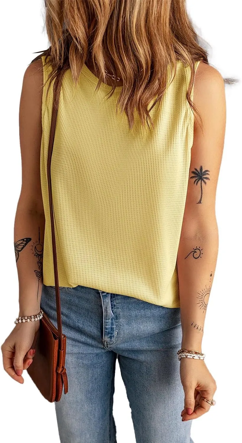 KINLONSAIR Women's Loose Fit Sleeveless Waffle Tank Tops Casual Crew Neck Knitted Tees