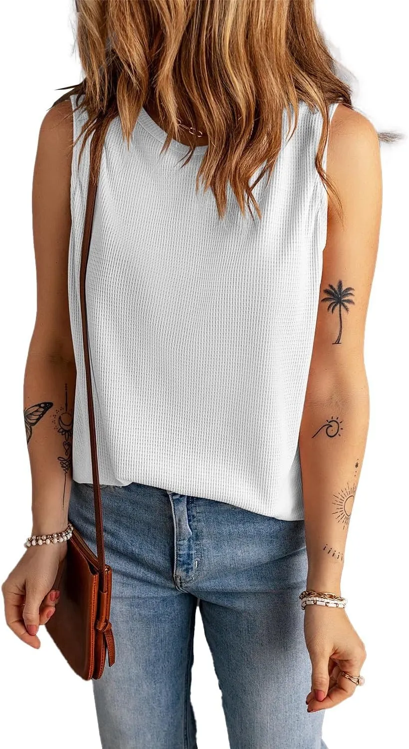 KINLONSAIR Women's Loose Fit Sleeveless Waffle Tank Tops Casual Crew Neck Knitted Tees