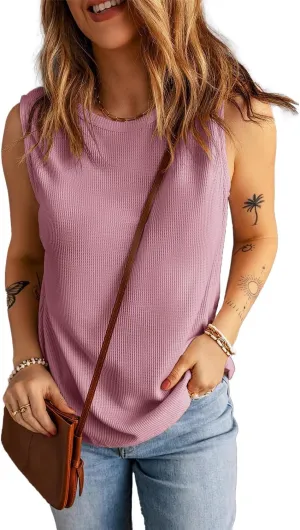 KINLONSAIR Women's Loose Fit Sleeveless Waffle Tank Tops Casual Crew Neck Knitted Tees
