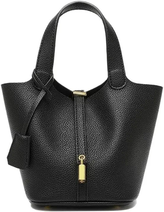 Large Capacity Handbag Soft Leather Bucket Bag, Top Handle with Lock Closure
