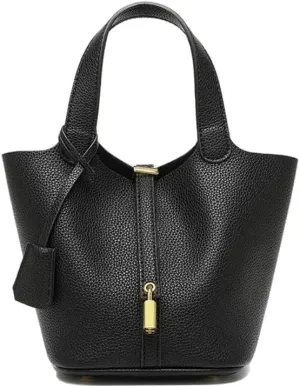 Large Capacity Handbag Soft Leather Bucket Bag, Top Handle with Lock Closure