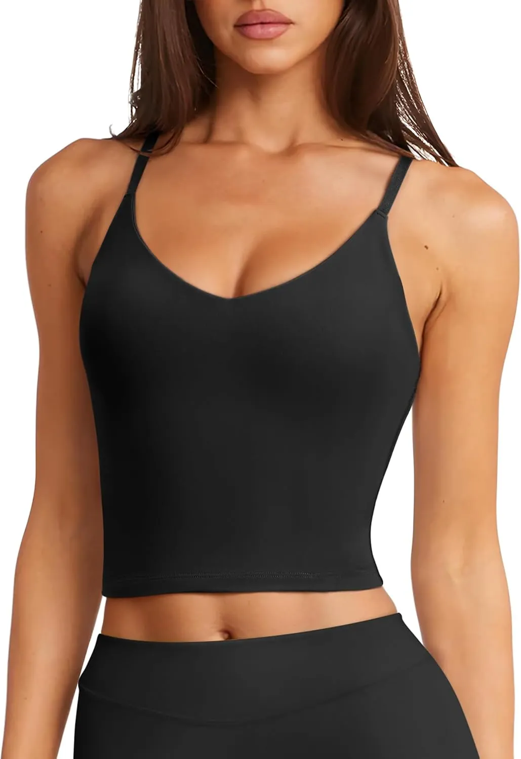 LASLULU Womens Adjustable Spaghetti Strap Sports Bra V Neck Wireless Padded Yoga Bra Camisole Workout Crop Tops
