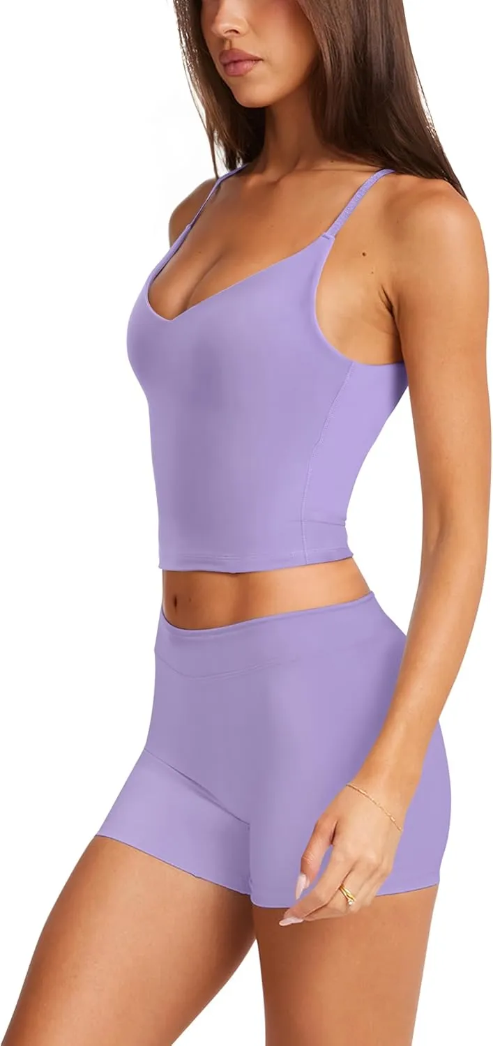 LASLULU Womens Adjustable Spaghetti Strap Sports Bra V Neck Wireless Padded Yoga Bra Camisole Workout Crop Tops