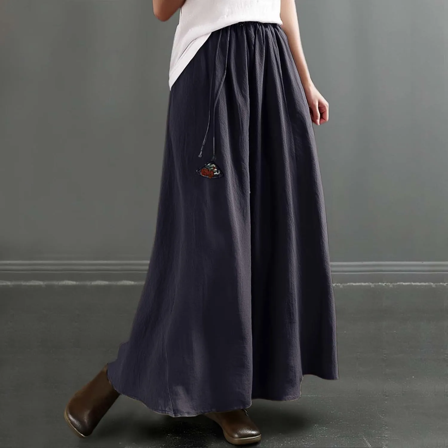 Linen A Line Midi Skirt for Women Casual Bohemian Style Summer Dress Loose Fit Lightweight Long Skirt Plus Size