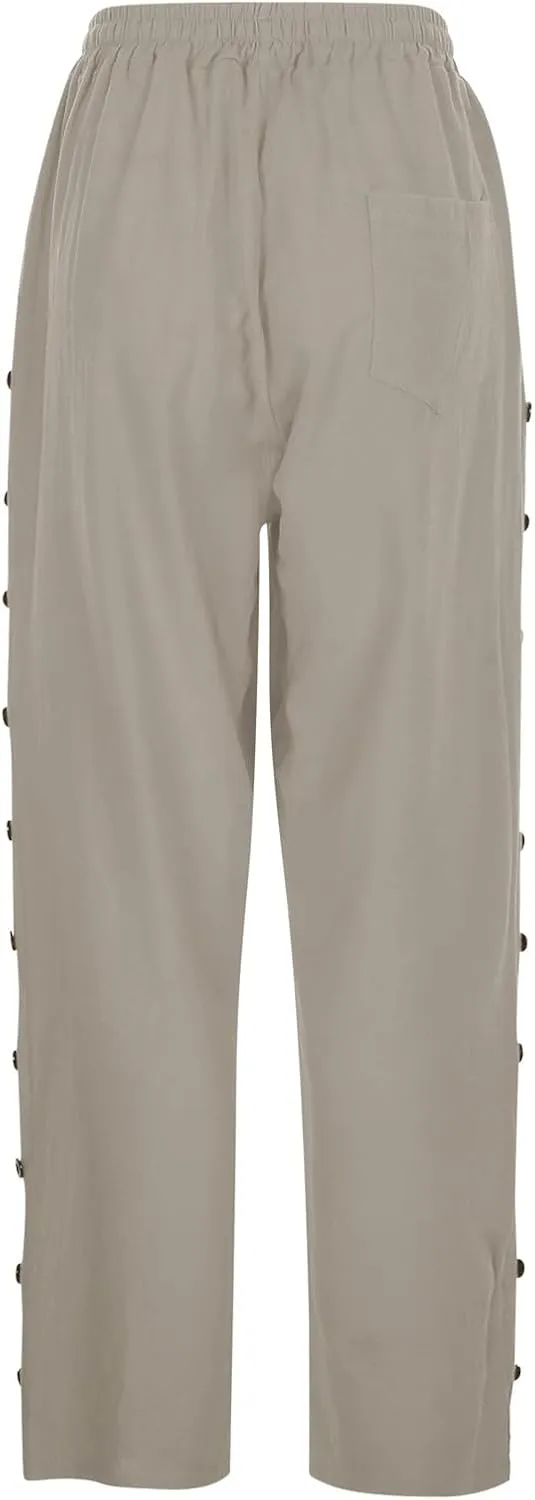 Linen Pants for Women 2025 Cotton Linen Elastic Seven Pants Beach Casual Pants Linen Trousers with Side Pockets