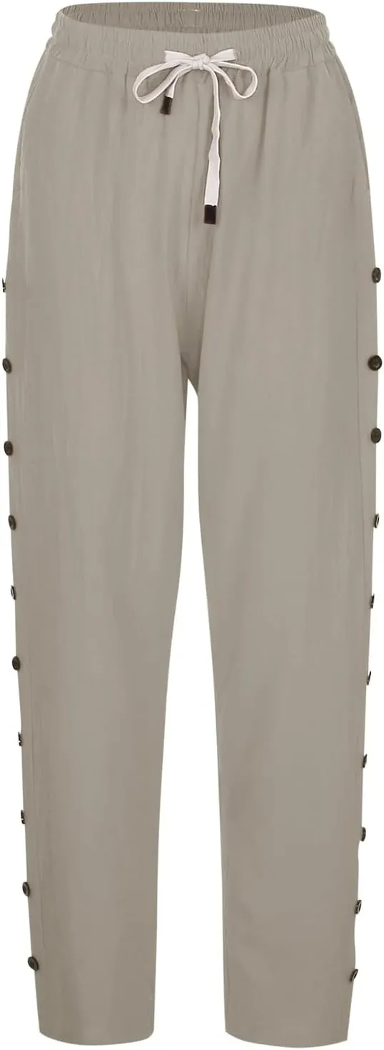 Linen Pants for Women 2025 Cotton Linen Elastic Seven Pants Beach Casual Pants Linen Trousers with Side Pockets