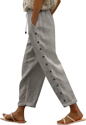 Linen Pants for Women 2025 Cotton Linen Elastic Seven Pants Beach Casual Pants Linen Trousers with Side Pockets