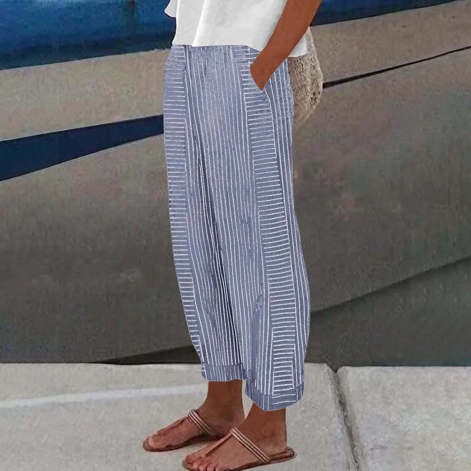 Linen Pants Women Linen Striped Elastic Waist Side Back Four Pockets 9/10 Loose Drawstring Elastic Waist Cropped Trouser