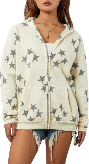 lisenraIn Women Teen Girls Star Pattern Zip Up Hoodie Y2K Vintage Oversized Sweatshirt Spring Fall Aesthetic Trendy Jacket