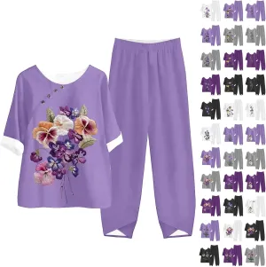 Litetao Workout Sets for Women 2 Piece Alzheimers Awareness Shirts Casual Floral Print Button Linen Shirt Loose Wide Leg Pant