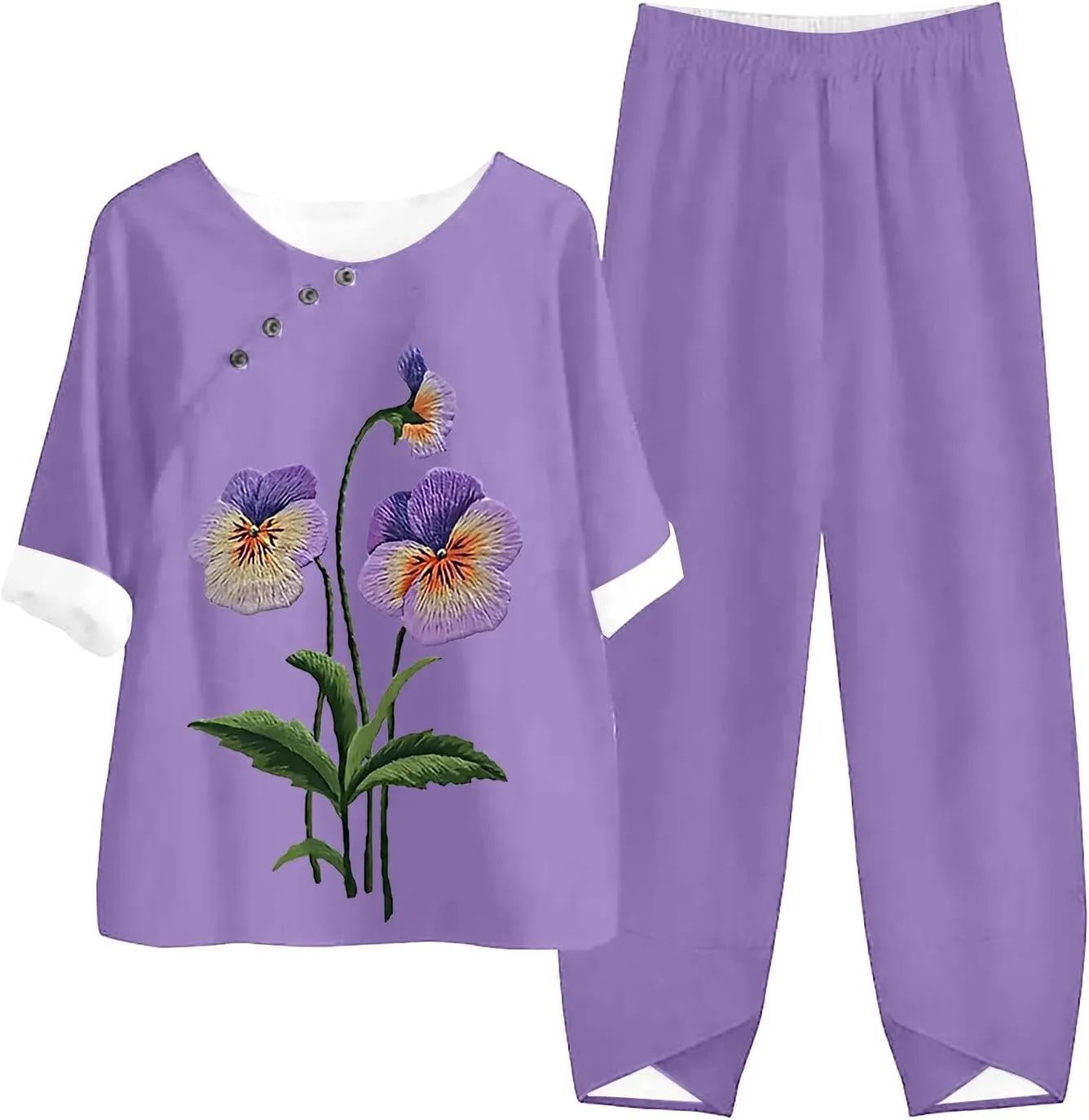 Litetao Workout Sets for Women 2 Piece Alzheimers Awareness Shirts Casual Floral Print Button Linen Shirt Loose Wide Leg Pant
