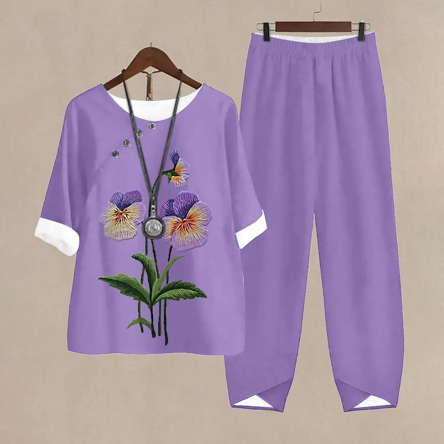 Litetao Workout Sets for Women 2 Piece Alzheimers Awareness Shirts Casual Floral Print Button Linen Shirt Loose Wide Leg Pant