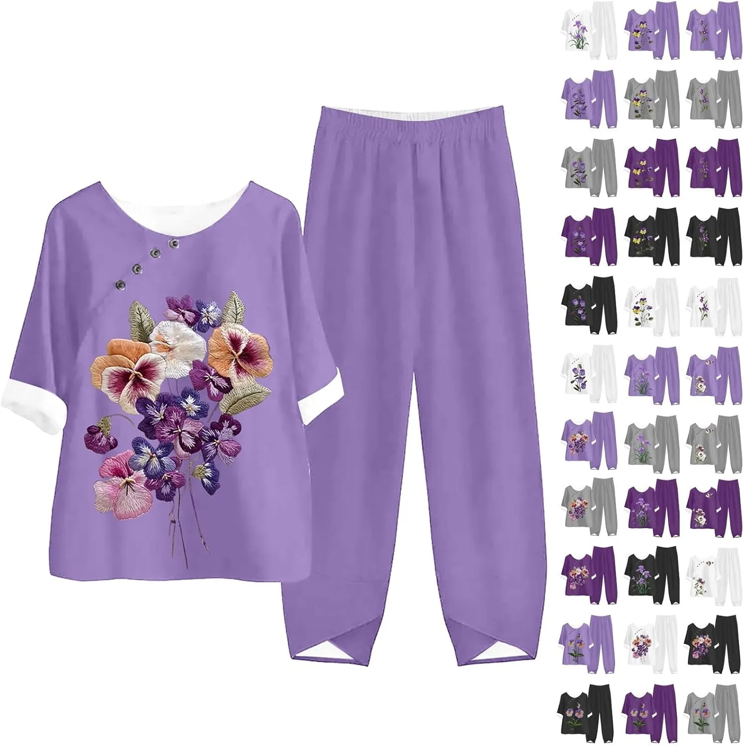 Litetao Workout Sets for Women 2 Piece Alzheimers Awareness Shirts Casual Floral Print Button Linen Shirt Loose Wide Leg Pant