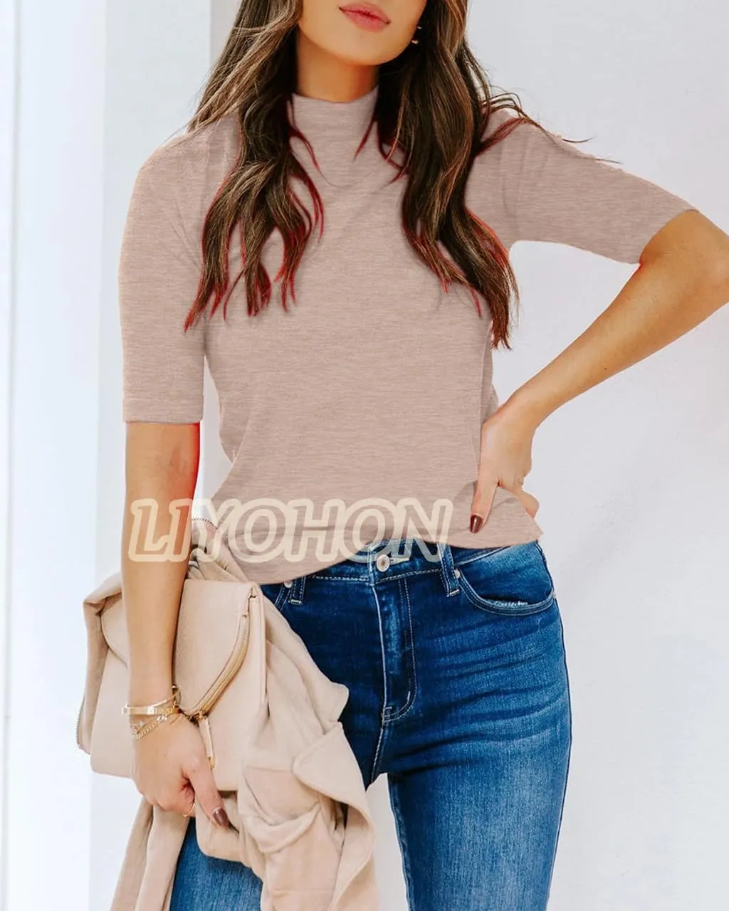 LIYOHON Womens Tops Dressy Casual Mock Turtleneck Business Short Sleeve T Shirts Going Out Tops 2025