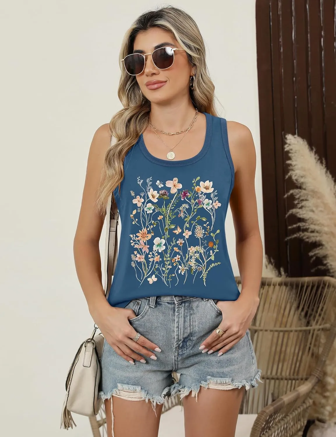 LOMON Womens Tank Tops Round Neck Graphic T Shirts Loose Fit Casual Sleeveless Summer Tops