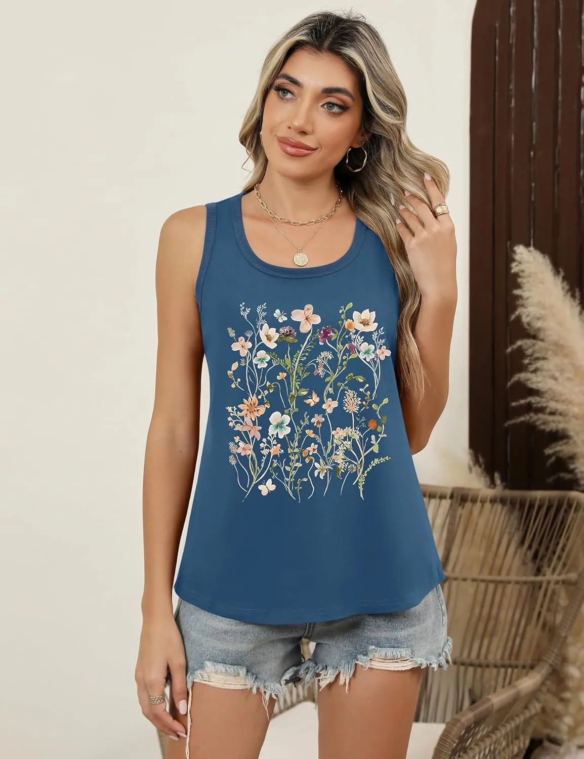 LOMON Womens Tank Tops Round Neck Graphic T Shirts Loose Fit Casual Sleeveless Summer Tops