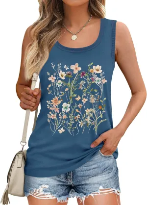LOMON Womens Tank Tops Round Neck Graphic T Shirts Loose Fit Casual Sleeveless Summer Tops