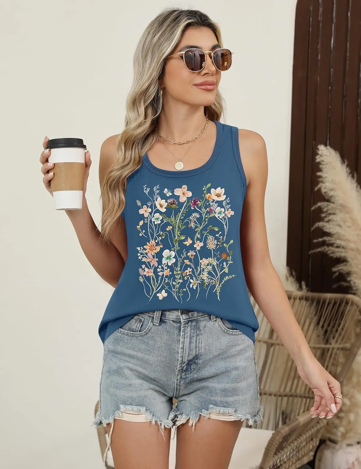 LOMON Womens Tank Tops Round Neck Graphic T Shirts Loose Fit Casual Sleeveless Summer Tops
