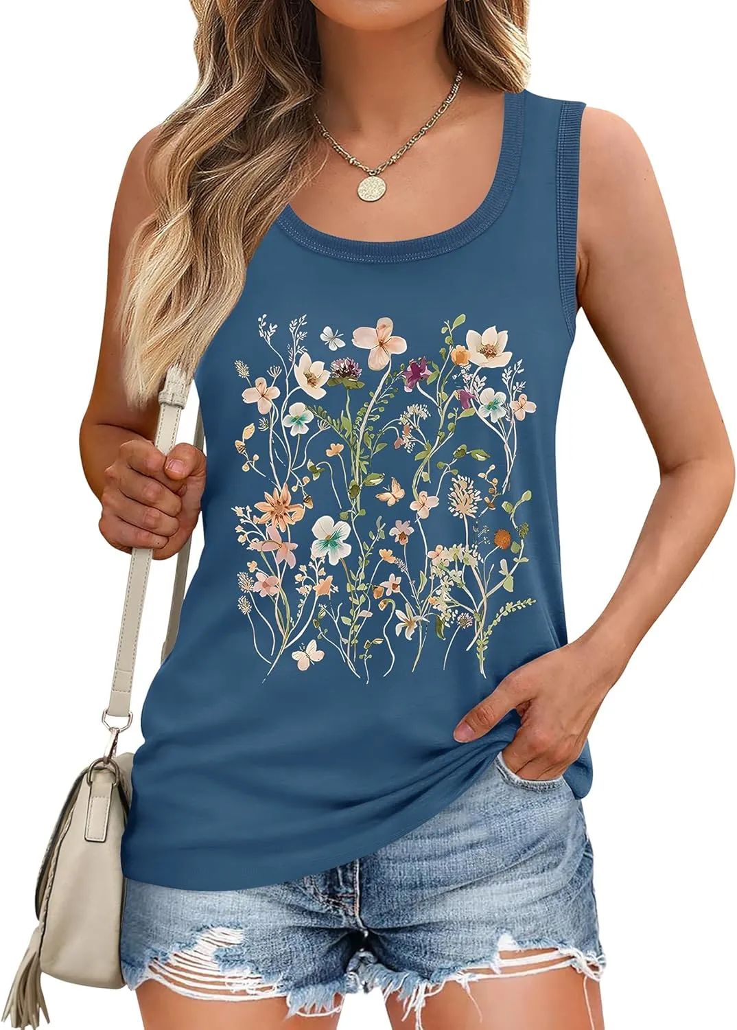 LOMON Womens Tank Tops Round Neck Graphic T Shirts Loose Fit Casual Sleeveless Summer Tops