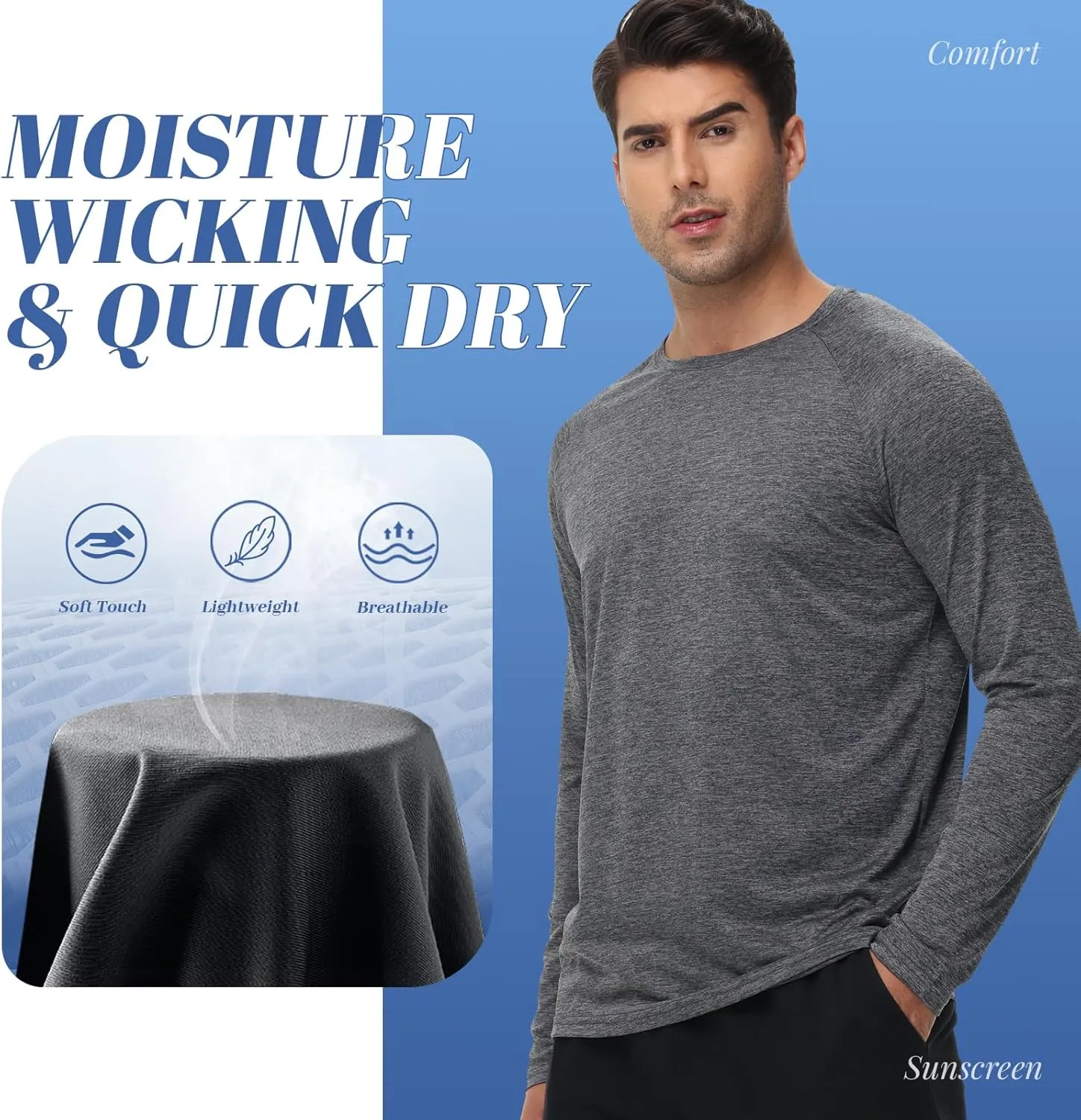 Long Sleeve Shirts for Men - Quick Dry Moisture Wicking Sun Protection UV UPF 50 Tee T Shirts for Fishing Workout Running