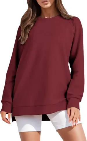 Long Sleeve Shirts for Women Oversized Sweatshirt Crewneck Tunic Pollover Shirts Side Zipper Hoodie Sweater 2024 Fall Clothes