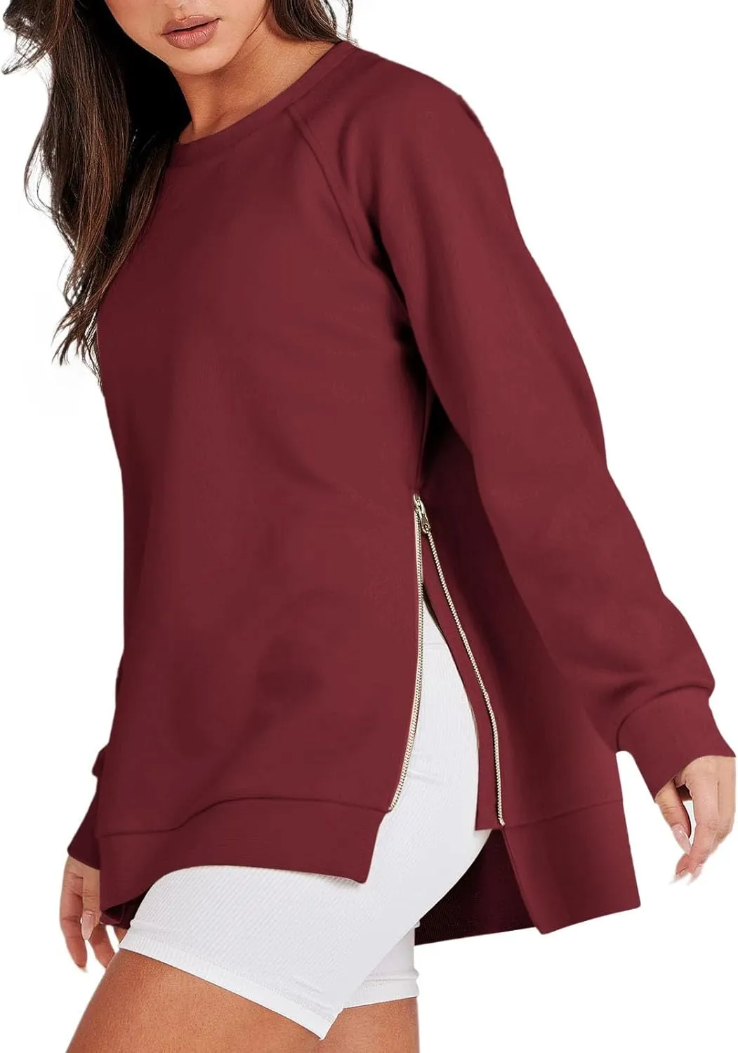 Long Sleeve Shirts for Women Oversized Sweatshirt Crewneck Tunic Pollover Shirts Side Zipper Hoodie Sweater 2024 Fall Clothes