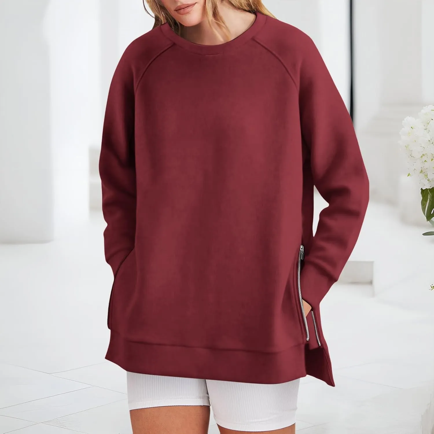 Long Sleeve Shirts for Women Oversized Sweatshirt Crewneck Tunic Pollover Shirts Side Zipper Hoodie Sweater 2024 Fall Clothes