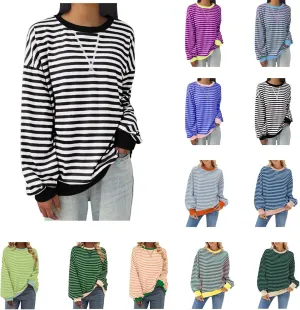 Long Sleeve Sweatshirt for Women Stripe Color Block Sweatshirt Casual Oversized Sweatshirt Crew Neck Pullover