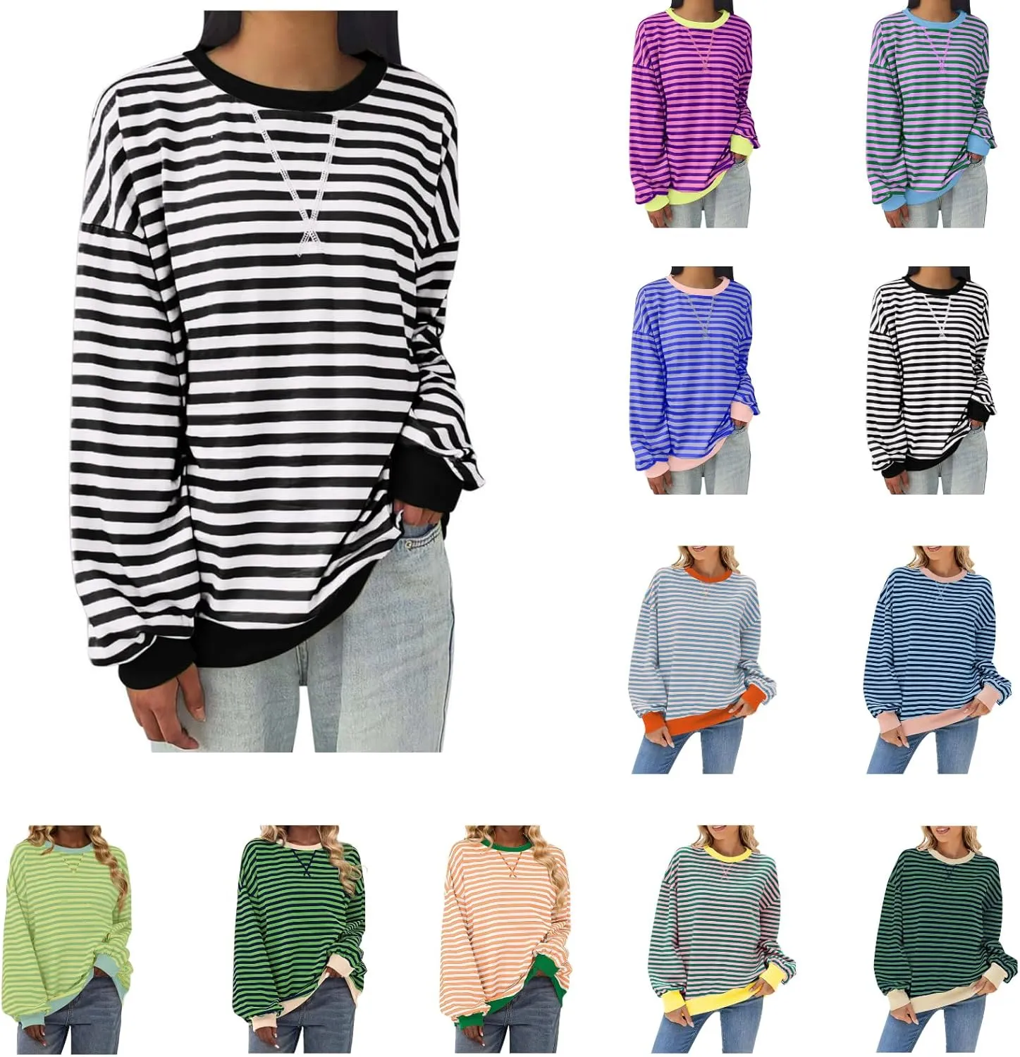 Long Sleeve Sweatshirt for Women Stripe Color Block Sweatshirt Casual Oversized Sweatshirt Crew Neck Pullover