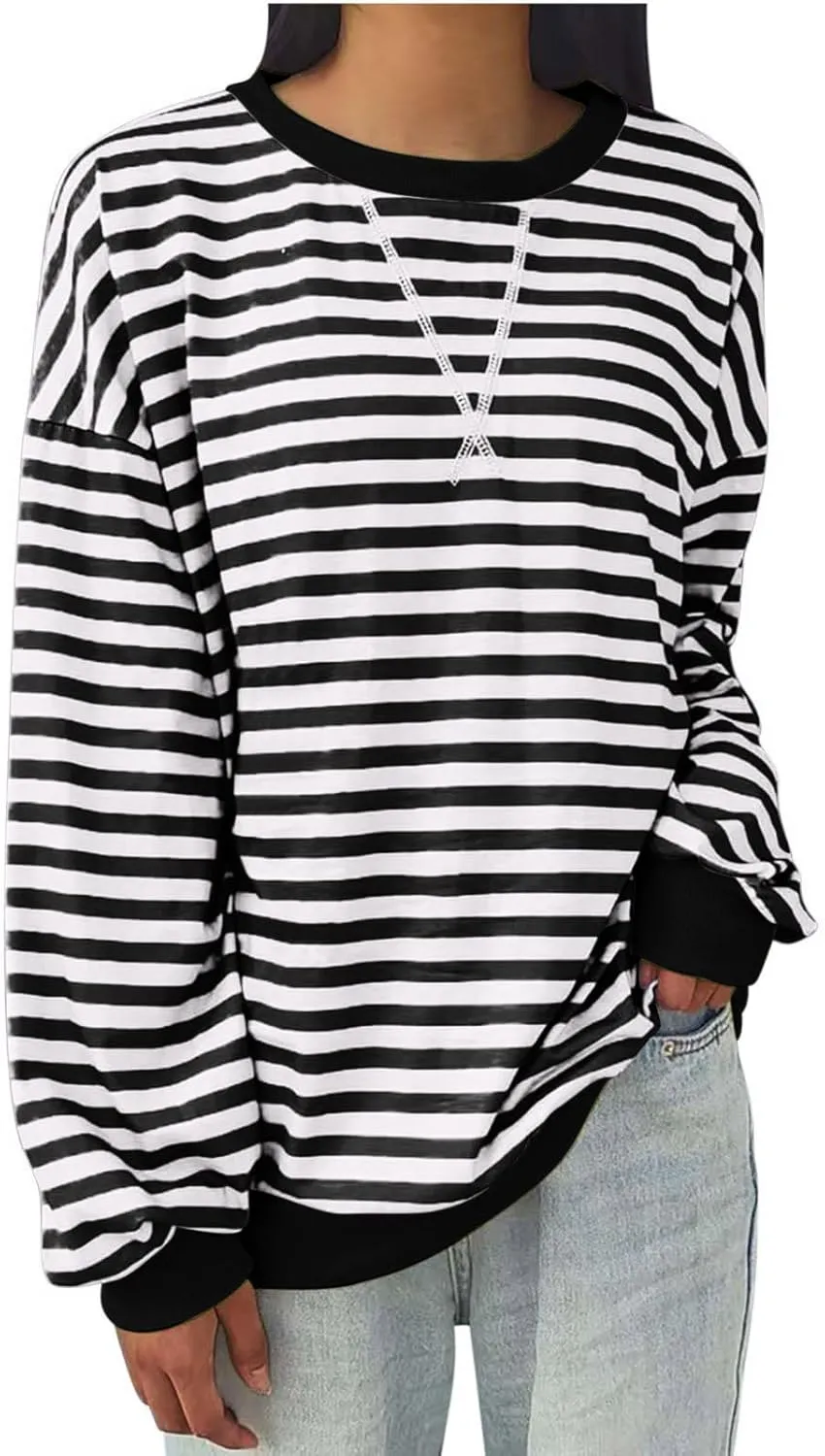 Long Sleeve Sweatshirt for Women Stripe Color Block Sweatshirt Casual Oversized Sweatshirt Crew Neck Pullover