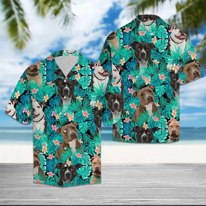 Lovely Pit Bull On Leaves Design Hawaiian Shirt