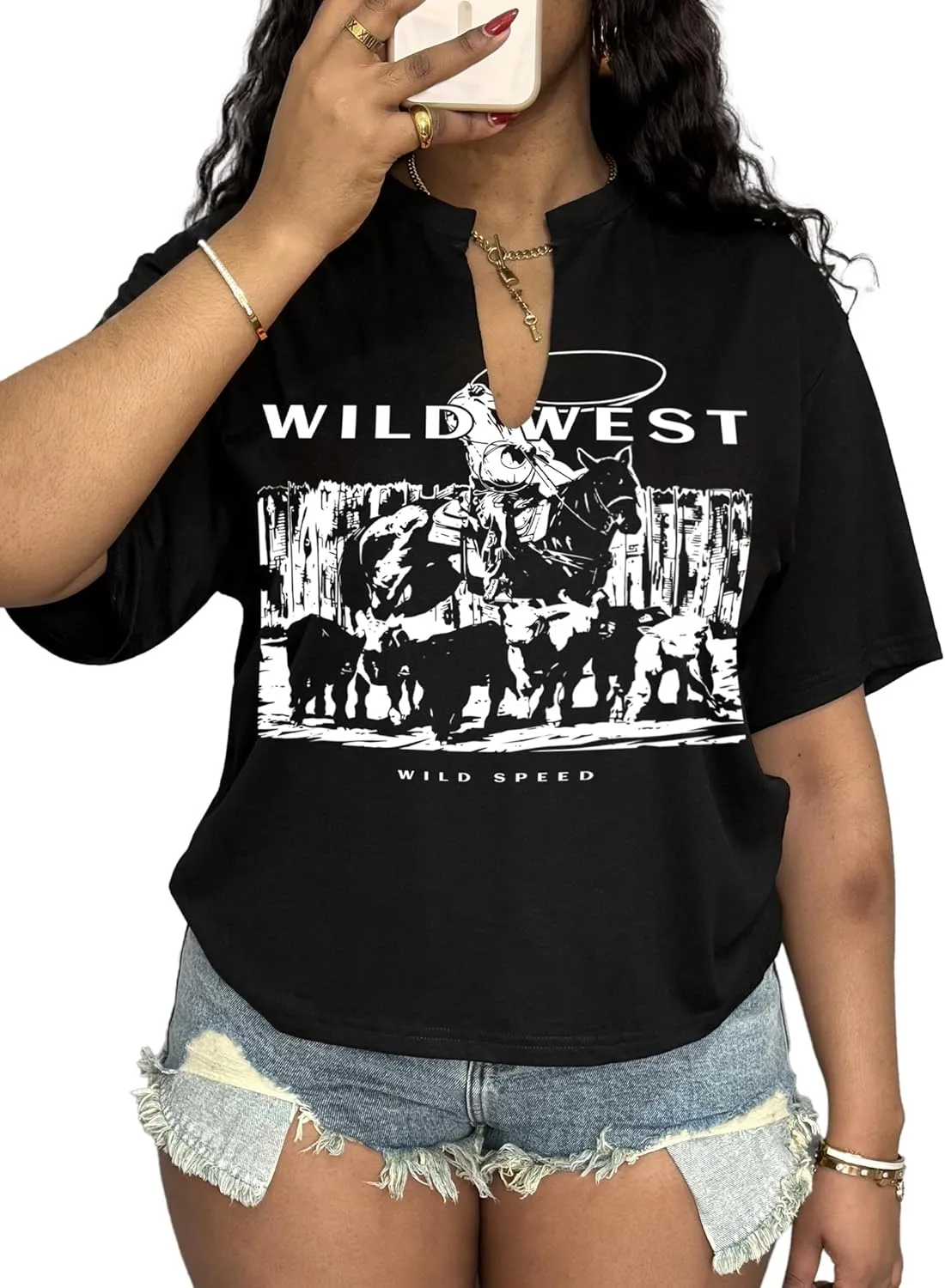 LovelyWholesale Womens Graphic Tees V Neck Short Sleeve T Shirt Loose Casual Summer Tops