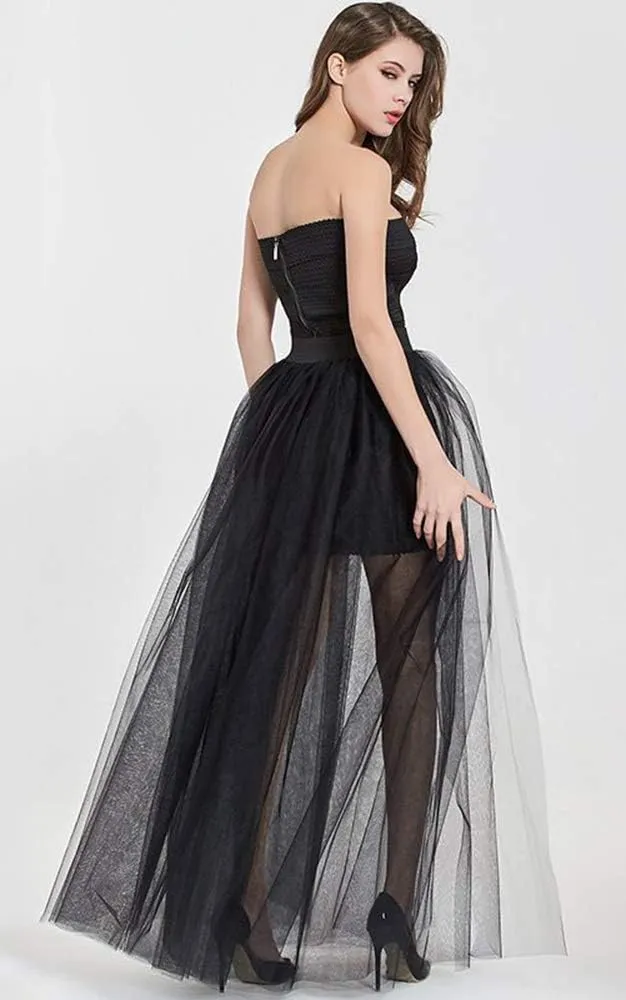 L'VOW Women's 4 Layers Overlay Long Tutu Tulle Dresses Floor Length Elastic Waist Bustle Skirt for Festival Party
