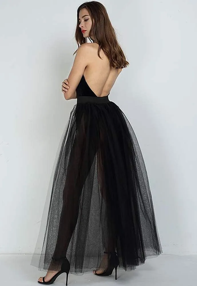 L'VOW Women's 4 Layers Overlay Long Tutu Tulle Dresses Floor Length Elastic Waist Bustle Skirt for Festival Party