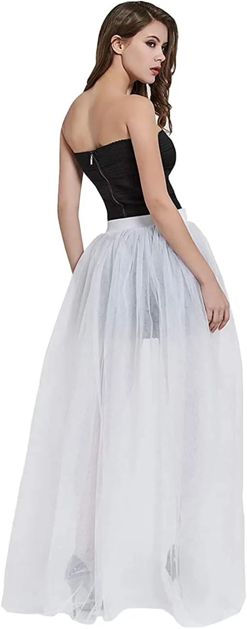 L'VOW Women's 4 Layers Overlay Long Tutu Tulle Dresses Floor Length Elastic Waist Bustle Skirt for Festival Party
