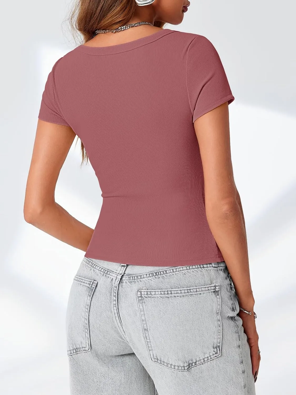 Lynwitkui Womens Scoop Neck Short Sleeve Tops Slim Fit Ribbed Casual Basic T Shirts Tops