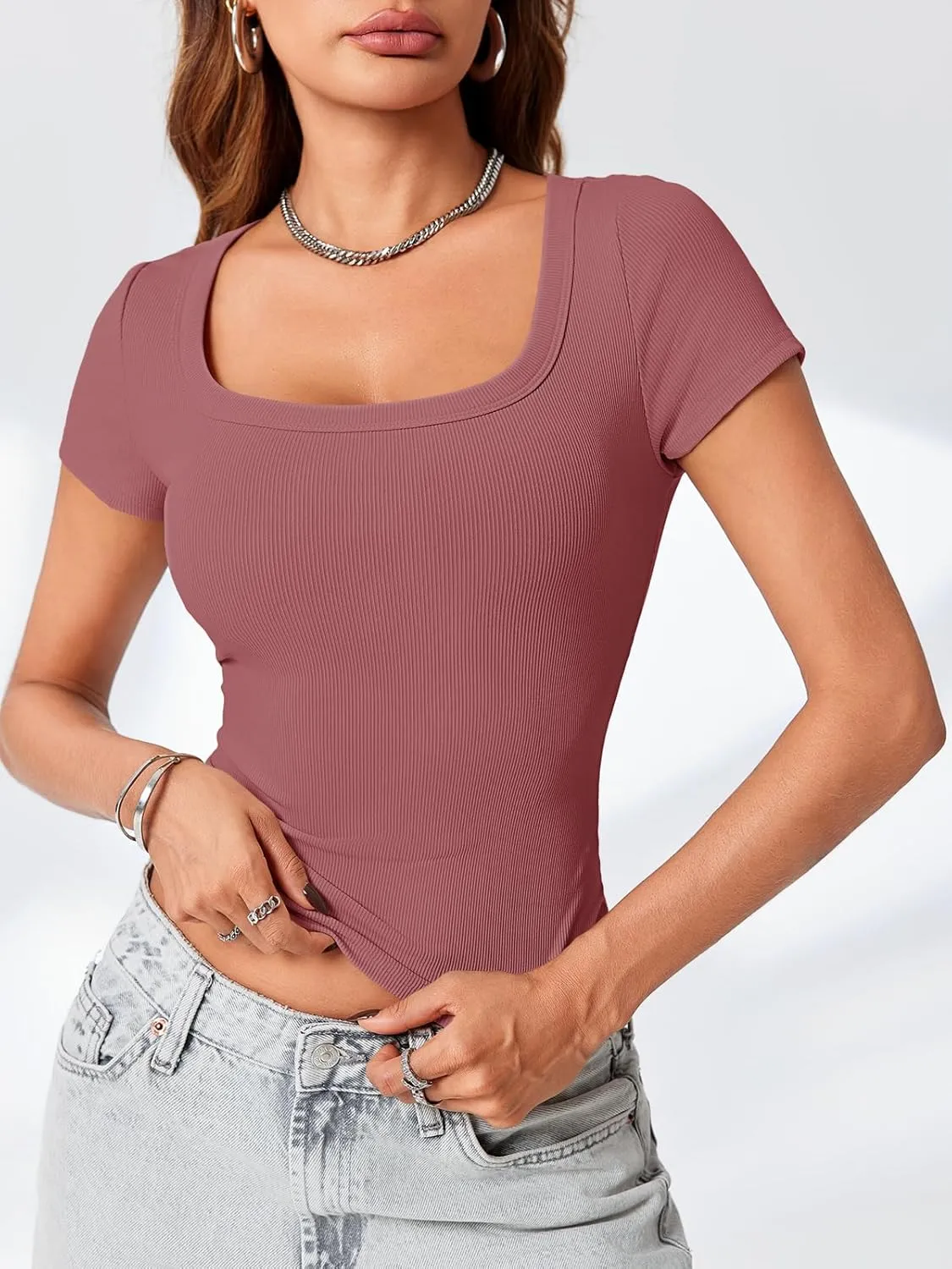 Lynwitkui Womens Scoop Neck Short Sleeve Tops Slim Fit Ribbed Casual Basic T Shirts Tops