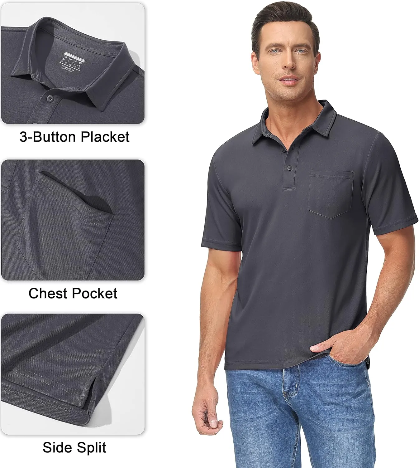 MAGCOMSEN Polo Shirts for Men with Pocket Short Sleeve Collared Golf Shirts Quick Dry Pique Performance Athletic Summer