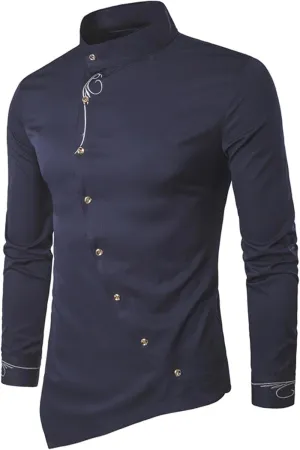 Maiyifu-GJ Men's Irregular Hem Slim Fit Shirt Long Sleeve Button Down Muscle Shirts Casual Retro Banded Collar Dress Shirt