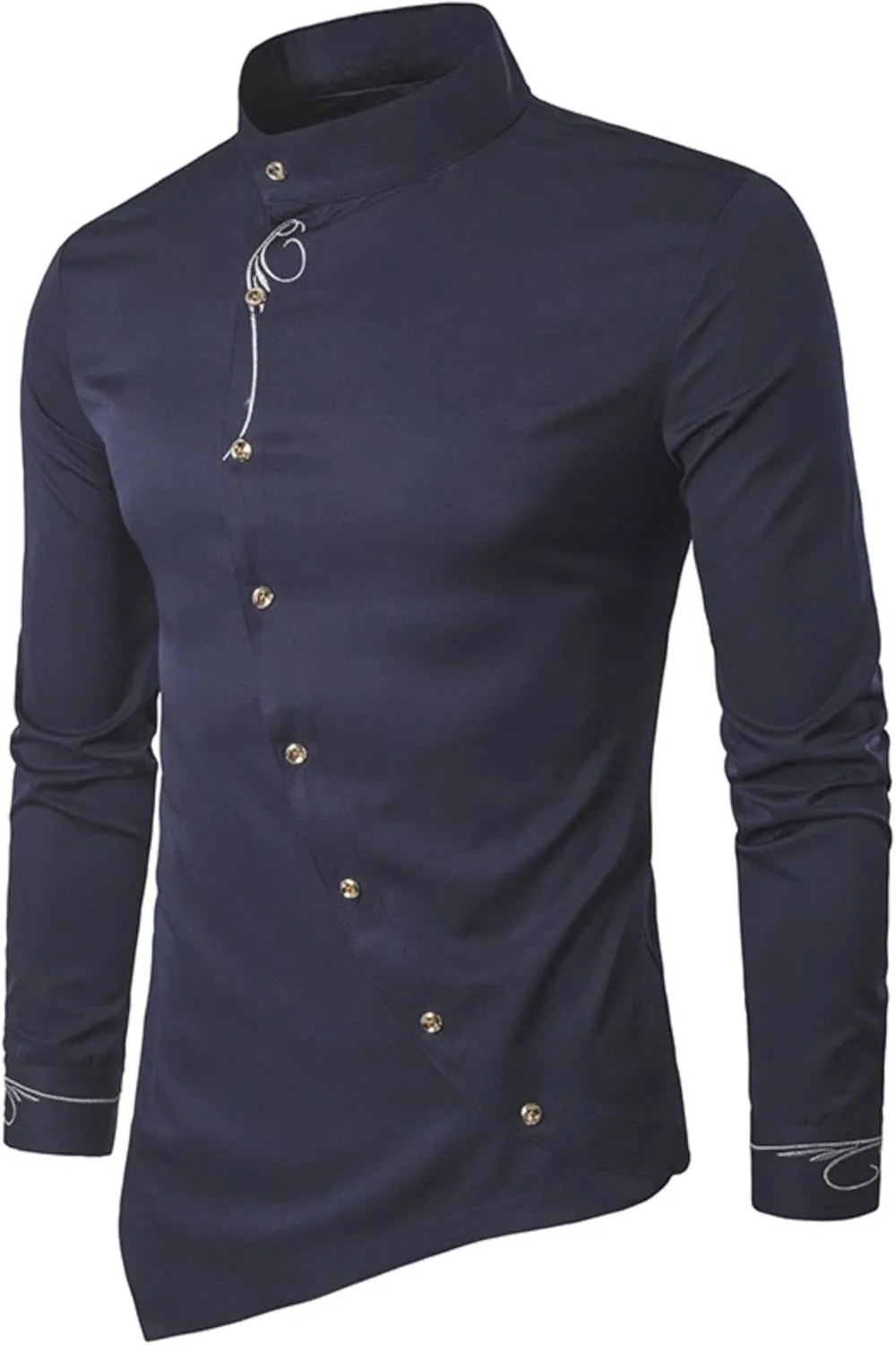 Maiyifu-GJ Men's Irregular Hem Slim Fit Shirt Long Sleeve Button Down Muscle Shirts Casual Retro Banded Collar Dress Shirt
