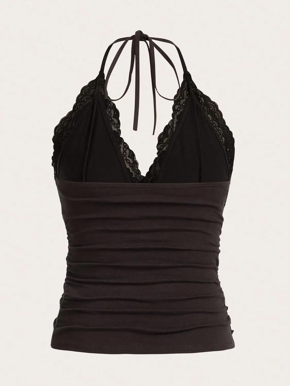 MakeMeChic Women's Halter Top Y2K Lace V Neck Ruched Low Cut Halter Tank Tops Camisole Tops