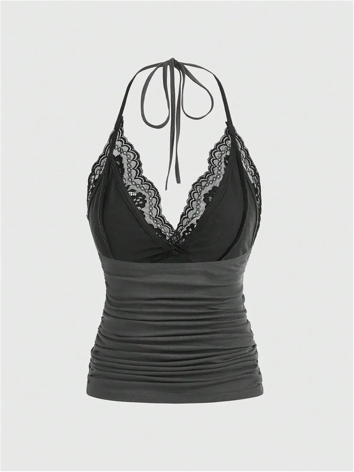 MakeMeChic Women's Halter Top Y2K Lace V Neck Ruched Low Cut Halter Tank Tops Camisole Tops